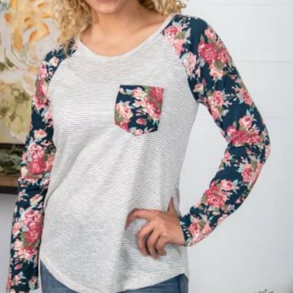 Striped Blouse with Floral Sleeves